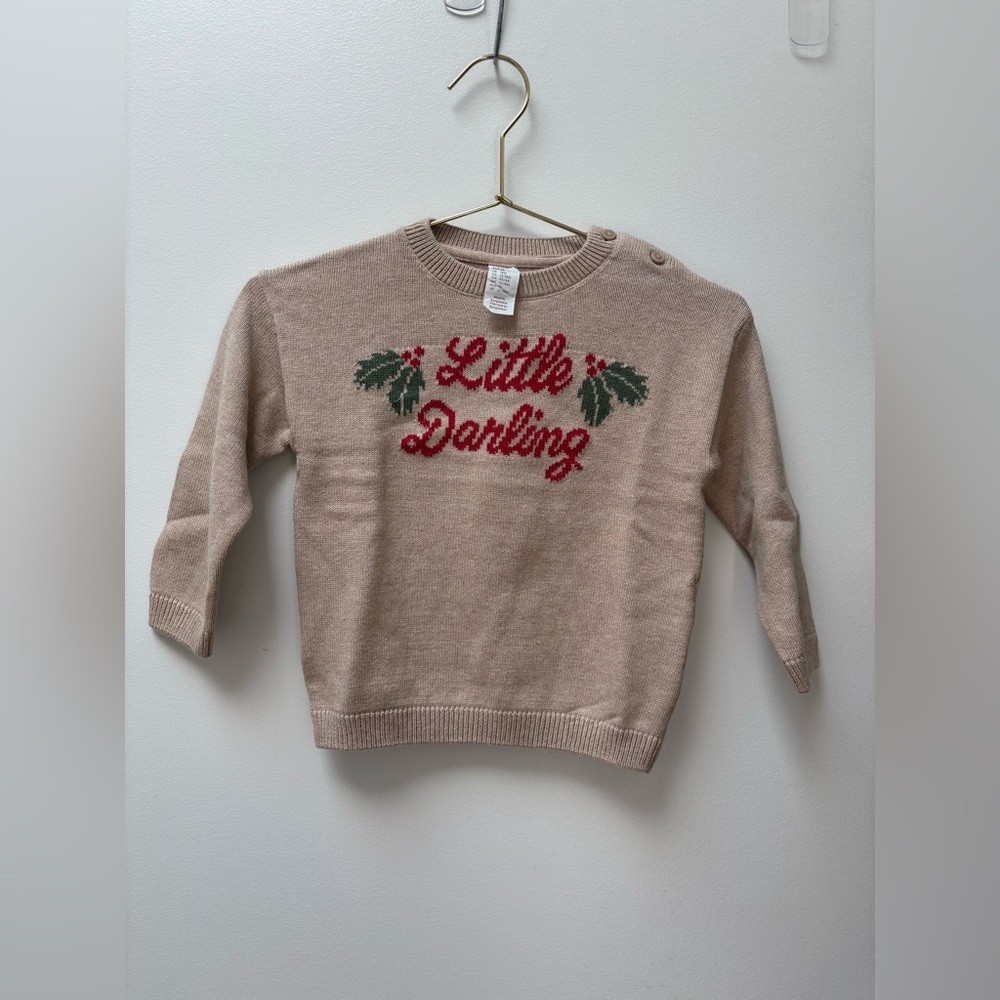 H&M Beige Knit Sweater with Red Script and Green Holly